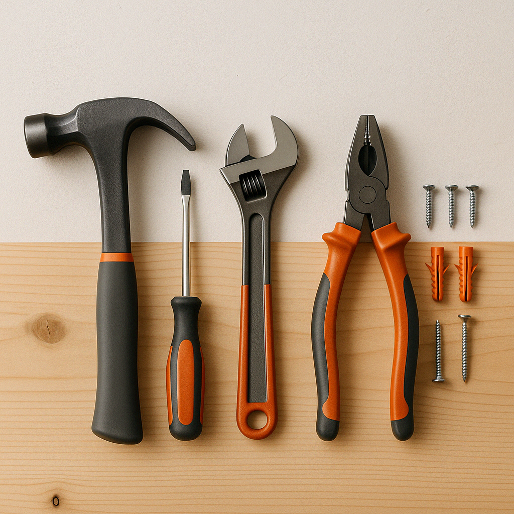 General Repairs Overhead view of general handyman repair tools arranged on a wooden workbench, including a claw hammer, wrench, screwdriver, pliers, wall anchors, and screws, with iWill Handyman brand color accents.